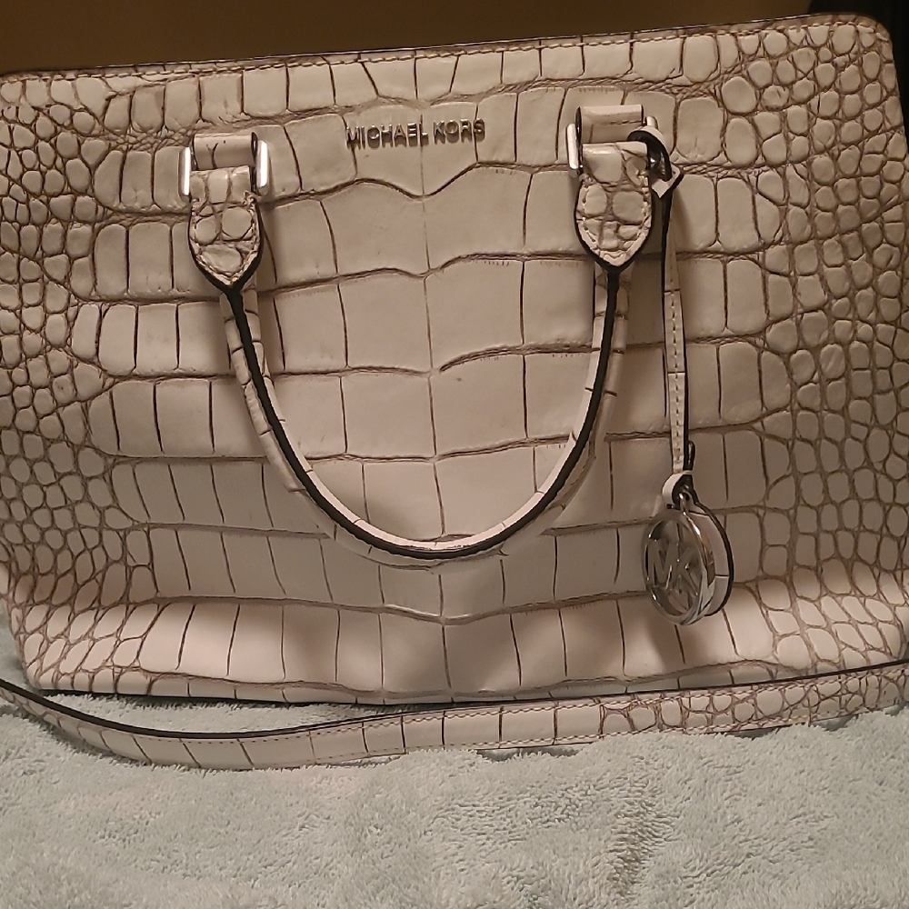 Michael Kors White Crocodile-Embossed Satchel